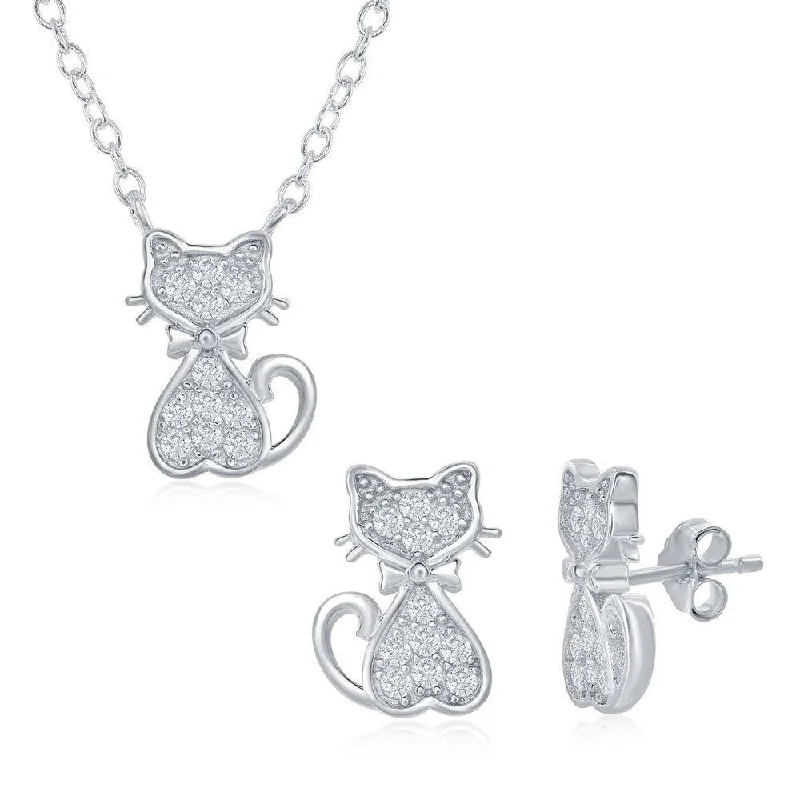 Ladies necklaces length guide-Sterling Silver Small CZ Cat Necklace and Earrings Set