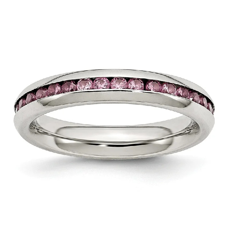 Ladies ring sapphire gems-4mm Stainless Steel And Pink Cubic Zirconia Stackable Band