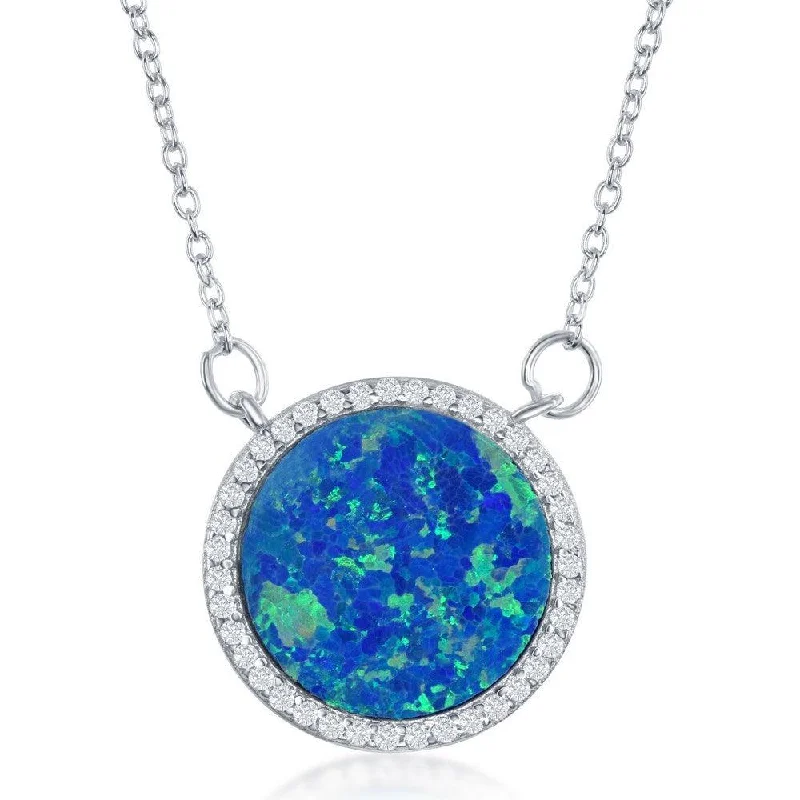 Ladies necklaces price range-Sterling Silver Blue Inlay Opal Circle with CZ Border Necklace