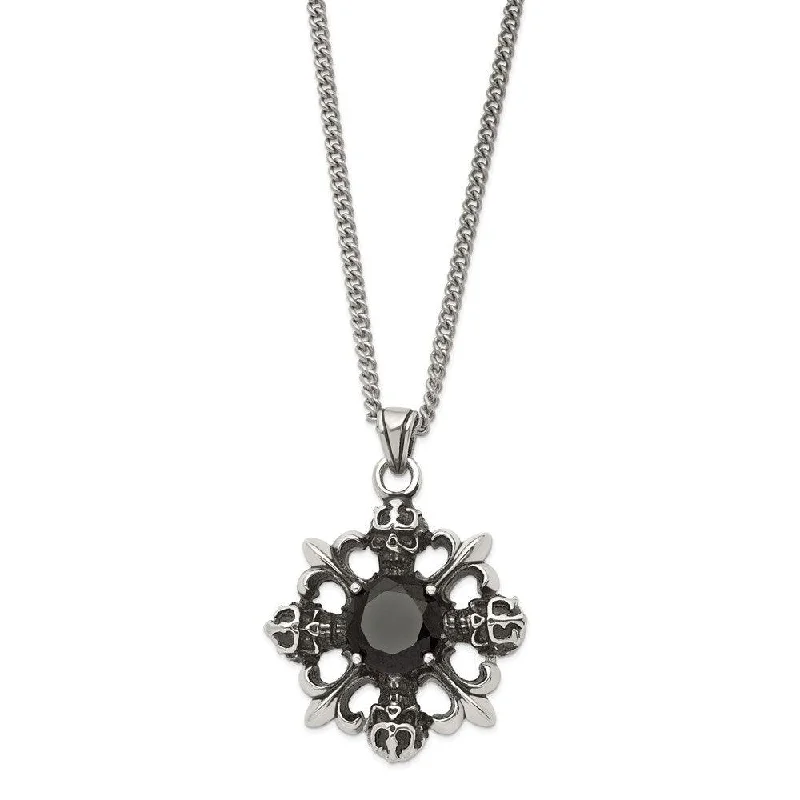 Ladies necklaces online shopping-Stainless Steel Skulls & Fleur de lis w/Black CZ 22in Necklace