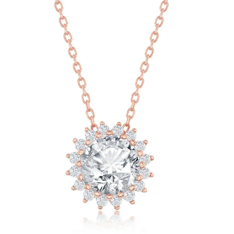 Ladies necklaces classic styles-Sterling Silver Rose Gold Plated Round Halo Flower CZ Necklace