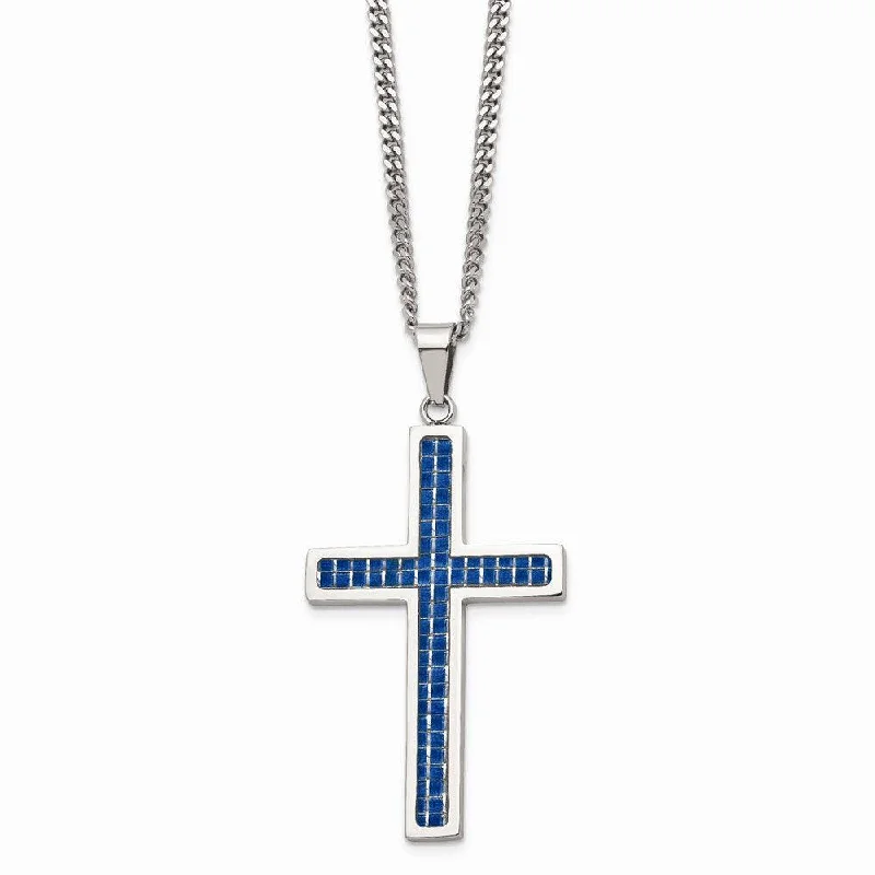 Ladies necklaces cute looks-Stainless Steel Blue Carbon Fiber Inlay Polished Large Cross Necklace