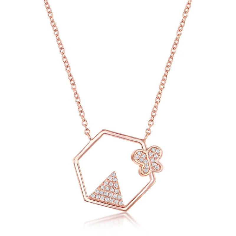 Ladies necklaces choker styles-Sterling Silver CZ Triangle and Butterfly Hexagon Necklace