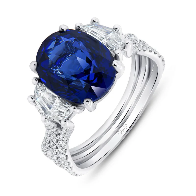 Ladies engagement rings couple designs-Uneek Precious Collection Three-Stone Oval Shaped Blue Sapphire Engagement Ring