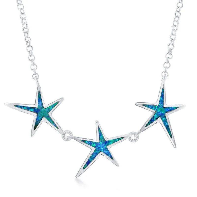 Ladies necklaces punk flair-Sterling Silver Blue Inlay Opal Three Linked Starfish Necklace