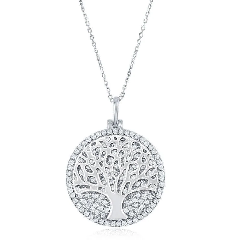 Ladies necklaces latest styles-Sterling Silver Micro Pave Disc with Center Tree of Life Necklace