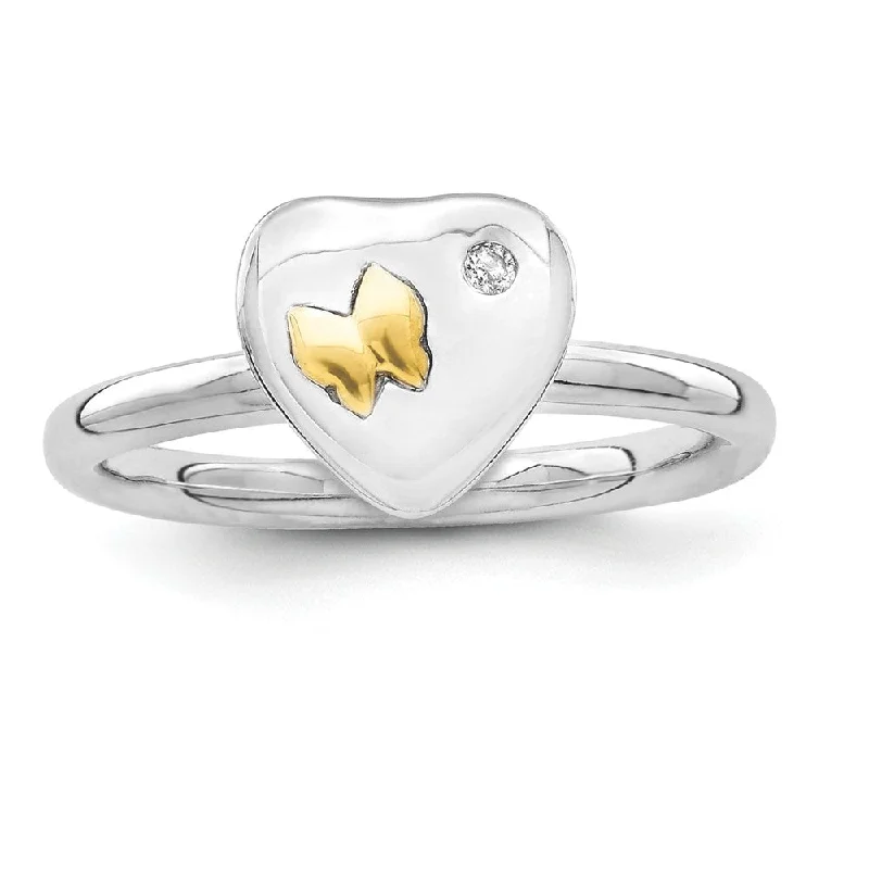 Ladies ring buying tips-Sterling Silver & 14k Gold Butterfly .015 Ct Diamond Heart Stack Ring