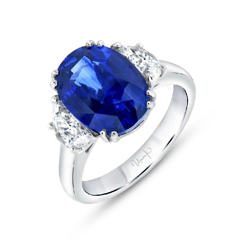 Ladies engagement rings dainty looks-Uneek Precious Collection Three-Stone Oval Shaped Blue Sapphire Engagement Ring