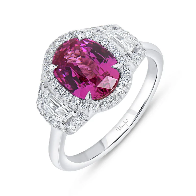 Ladies engagement rings ruby gems-Uneek Precious Collection 3-Stone-Halo Oval Shaped Pink Sapphire Engagement Ring