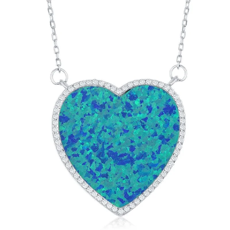 Ladies necklaces sentimental value-Sterling Silver Blue Inlay Opal Heart with CZ Border Necklace