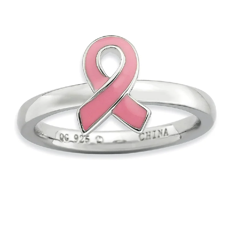 Ladies ring diamond inlays-Silver Stackable Pink Enamel Awareness Ribbon Ring