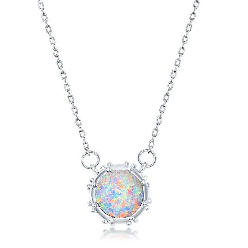 Ladies necklaces white gold-Sterling Silver White Opal Disc with Studded Border Necklace