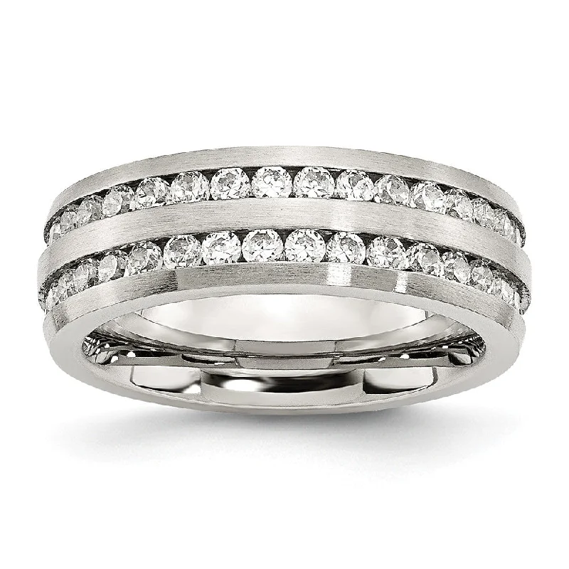 Ladies ring unique finds-7mm Stainless Steel And Cubic Zirconia Double Row Band