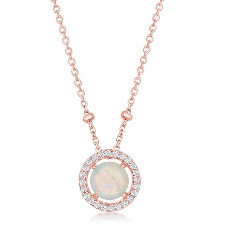 Ladies necklaces global brands-Sterling Silver Round White Opal with CZ Halo Beads Necklace