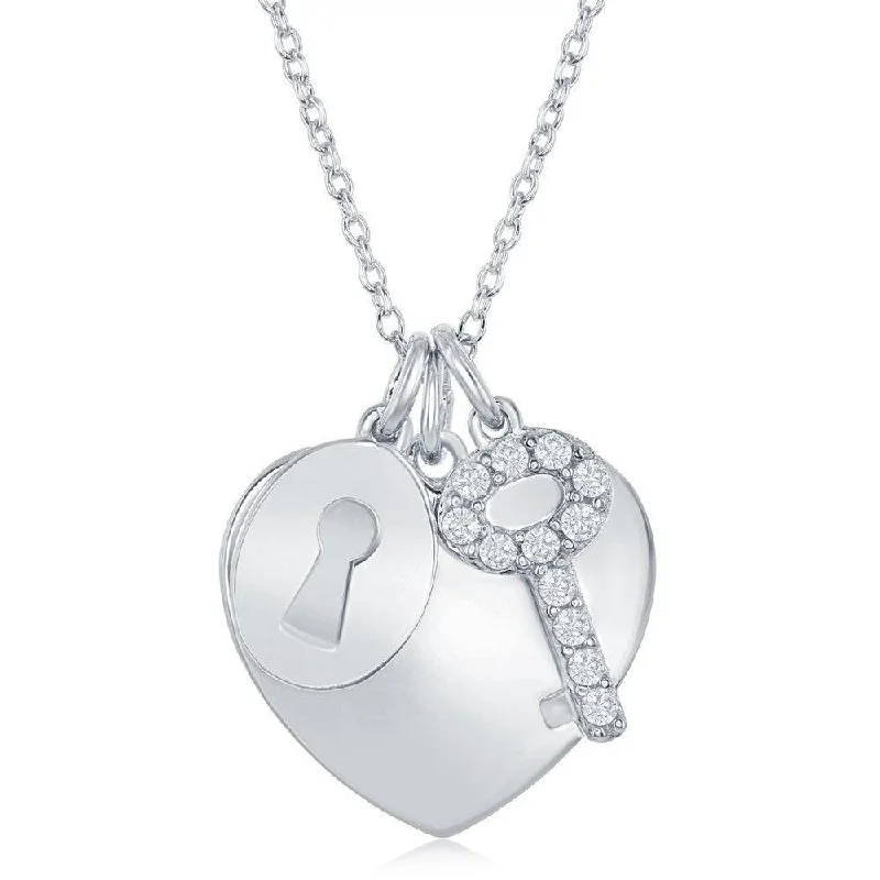 Ladies necklaces birthday presents-Sterling Silver Shiny Heart with CZ Lock and Key Necklace