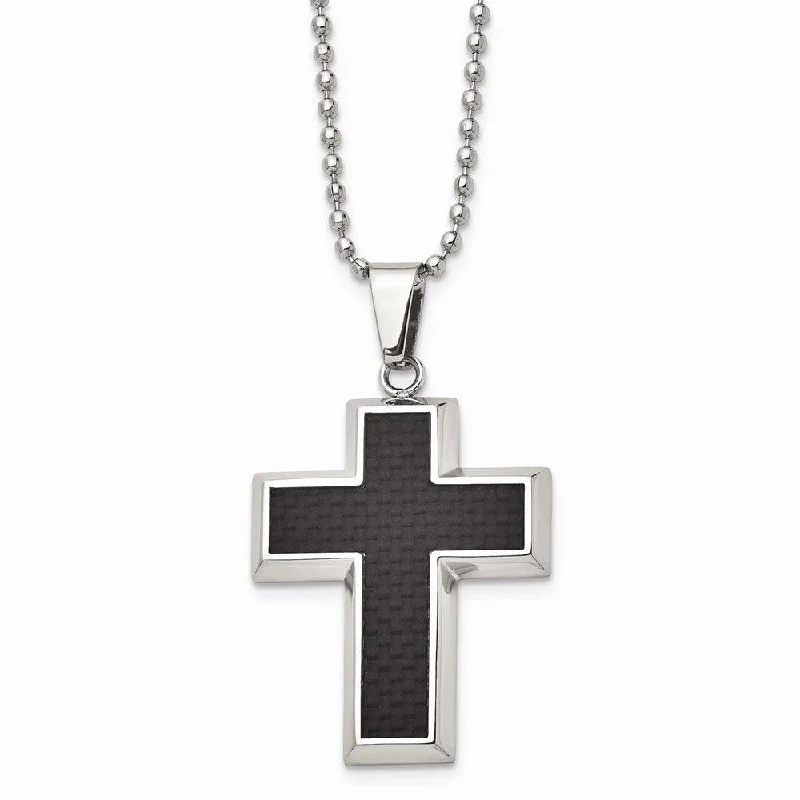 Ladies necklaces choker styles-Stainless Steel Polished w/Carbon Fiber Inlay Cross 22in Necklace