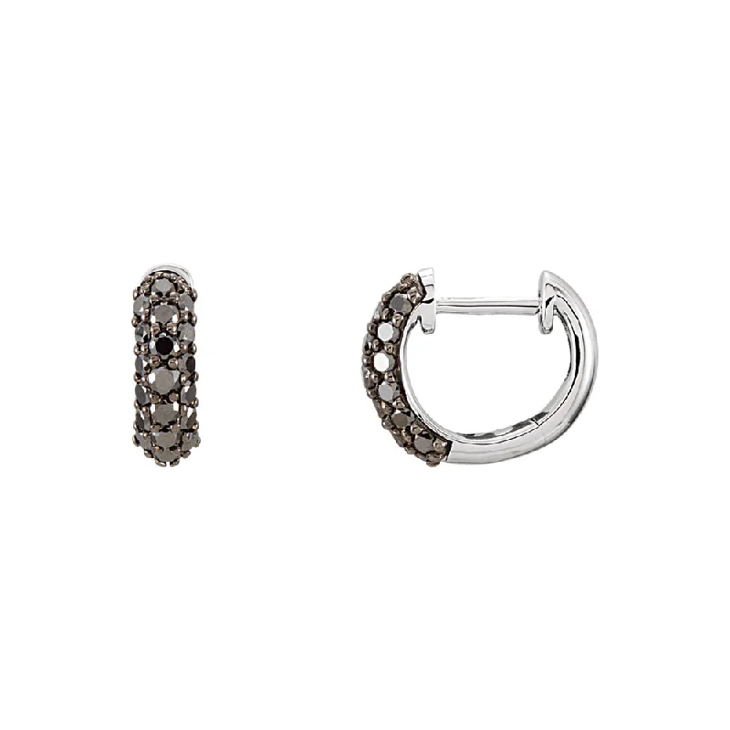 Ladies earrings matching pairs-10mm Black Diamond Hinged Round Hoop Earrings in 14k White Gold