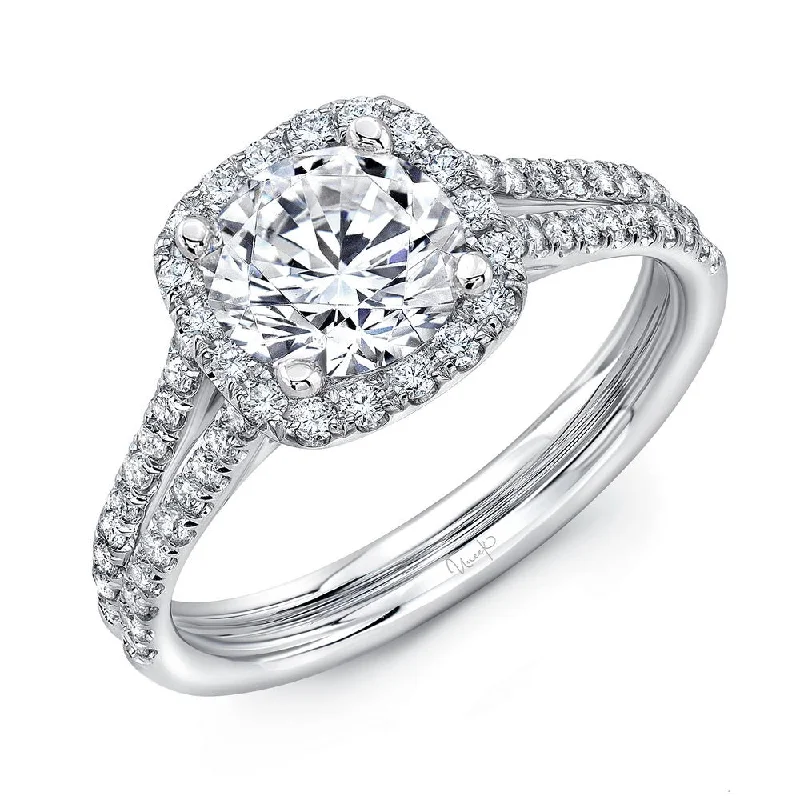 Ladies engagement rings heart-shaped-Uneek Round Diamond Engagement Ring with Cushion-Shaped Halo and Split Upper Shank