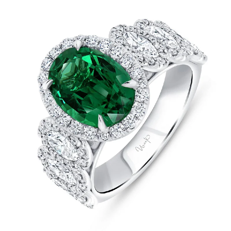 Ladies engagement rings halo settings-Uneek Precious Collection Halo Oval Shaped Emerald Engagement Ring