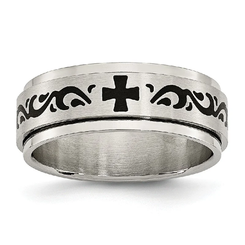 Ladies ring ring finger-7mm Stainless Steel And Black Enamel Spinner Ring