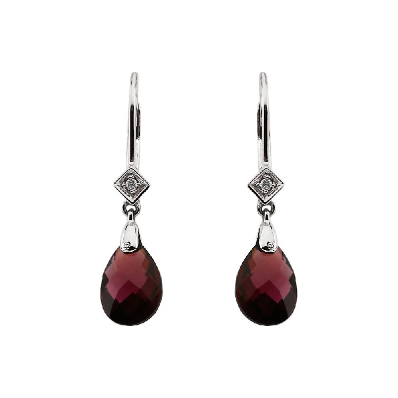 Ladies earrings investment value-Brazilian Garnet Briolette & Diamond 14k White Gold Leverback Earrings