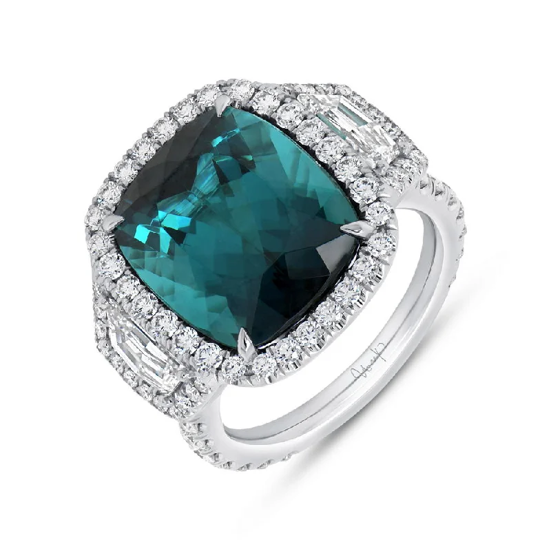 Ladies engagement rings classic looks-Uneek Precious Collection Three-Stone Cushion Cut Green Tourmaline Engagement Ring