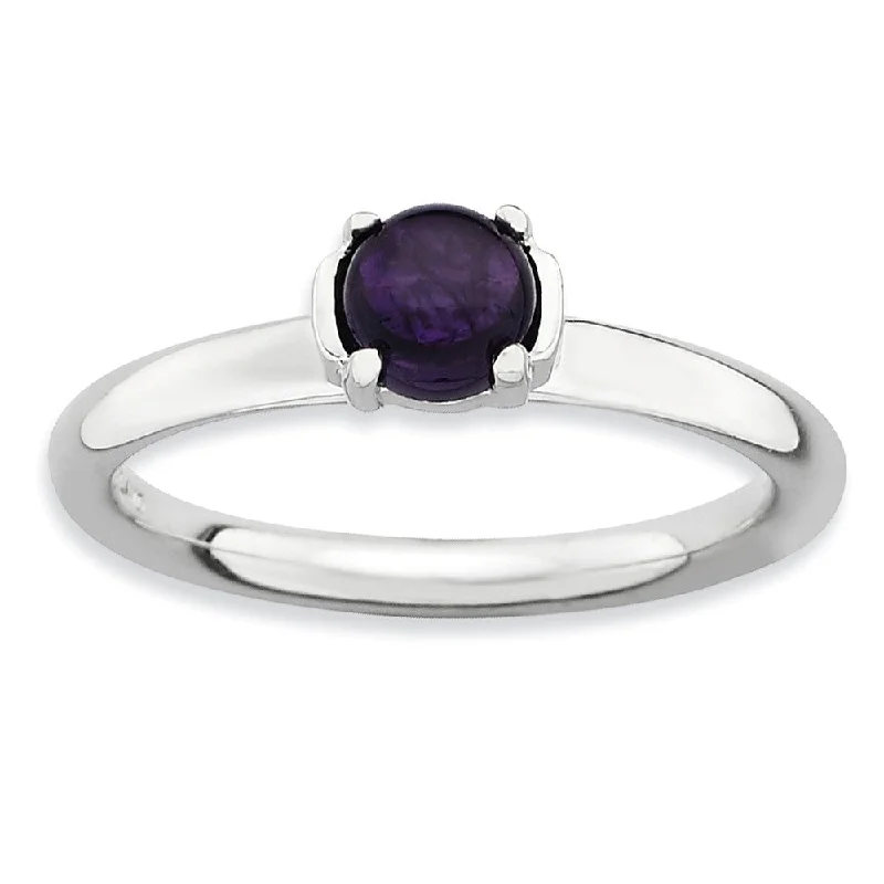 Ladies ring age suitability-Sterling Silver & Amethyst 5mm Round Cabochon Solitaire Stackable Ring