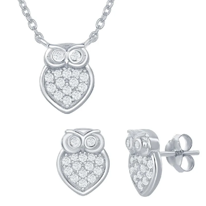 Ladies necklaces wedding pieces-Sterling Silver Small Micro Pave Owl Necklace and Earrings Set