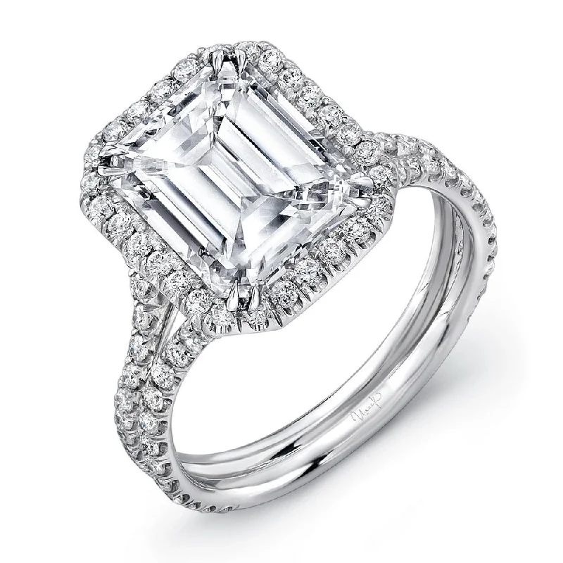 Ladies engagement rings vintage charm-Uneek 5-Carat Emerald-Cut Diamond Halo Engagement Ring with Pave Double Shank