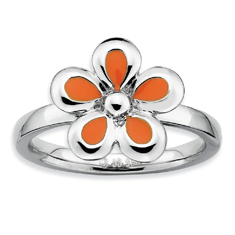 Ladies ring viral picks-Sterling Silver Stackable Orange Enameled Flower Ring