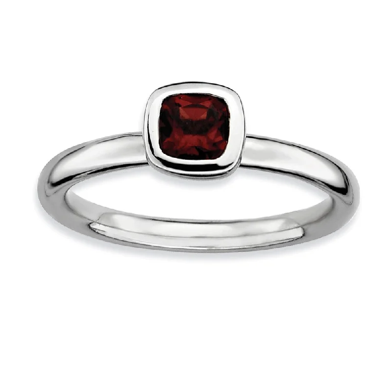 Ladies ring girlfriend gifts-Sterling Silver Stackable Cushion Cut Garnet Solitaire Ring