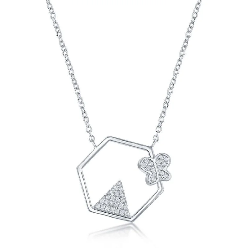 Ladies necklaces long chains-Sterling Silver CZ Triangle and Butterfly Hexagon Shaped Necklace