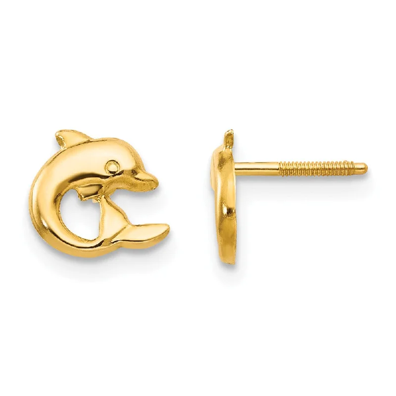 Ladies earrings rose gold-Kids 7mm Dolphin Screw Back Post Earrings in 14k Yellow Gold