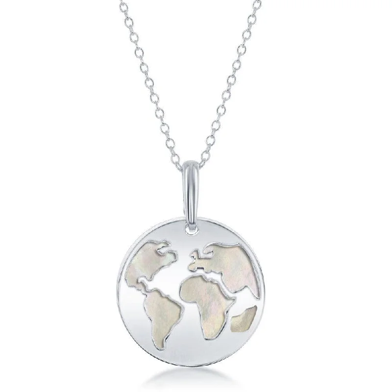 Ladies necklaces fashion trends-Sterling Silver Globe Cut-Out with MOP Disc Necklace