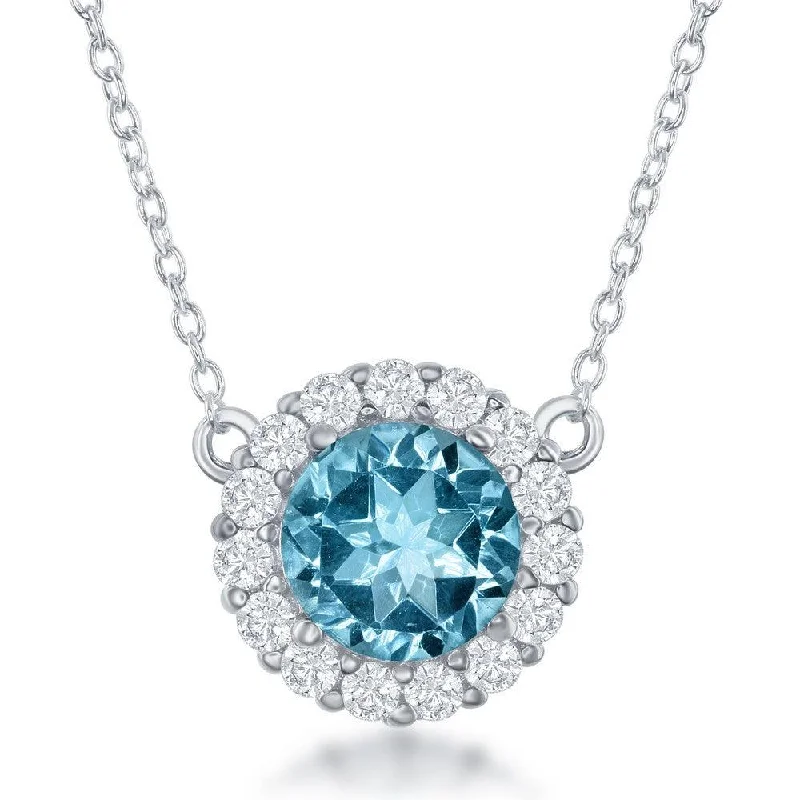 Ladies necklaces anniversary picks-Sterling Silver Round Center Blue Topaz with White Topaz Border Necklace