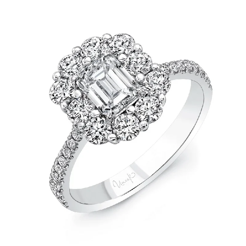 Ladies engagement rings financing options-Uneek Emerald-Cut Diamond Engagement Ring with Scallop-Style Shared-Prong Round Diamond Halo