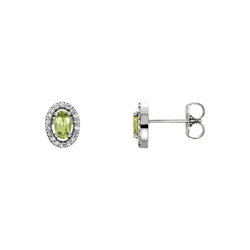 Ladies earrings statement pieces-Oval Peridot & Diamond Halo Earrings in 14k White Gold