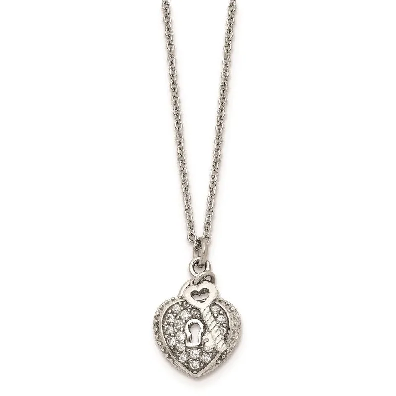 Ladies necklaces choker styles-Stainless Steel CZ Heart Lock and Key Pendant Necklace