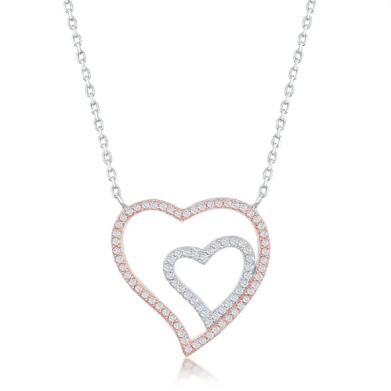 Ladies necklaces care tips-Sterling Silver Two-Tone Double Heart Necklace