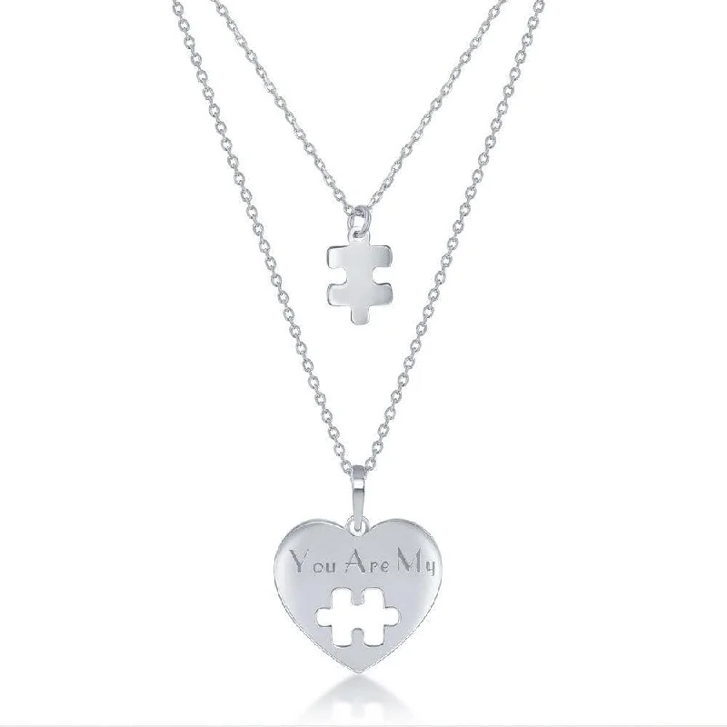 Ladies necklaces creative designs-Sterling Silver 2PC; Puzzle Piece Necklace Set - 16+2 Inch You Are My Heart; 14+2 Puzzle Piece