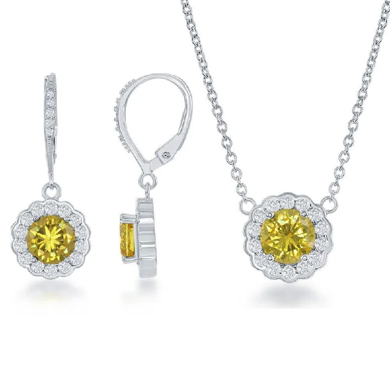 Ladies necklaces fashion trends-Sterling Silver November Birthstone With  CZ Border Round Earrings and Necklace Set