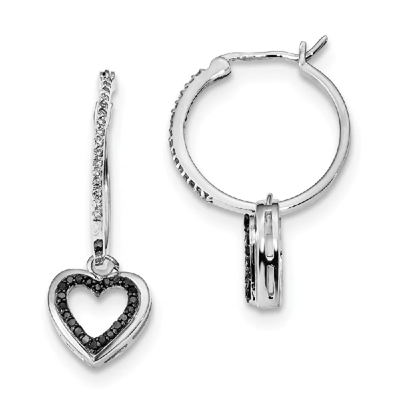 Ladies earrings creative designs-Black & White Diamond Dangle Heart Hoop Earrings in Sterling Silver