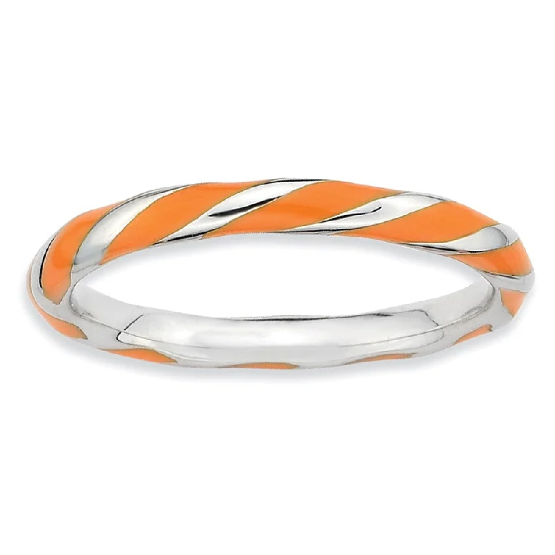 Ladies ring girlfriend gifts-2.4mm Silver Twisted Orange Enameled Stackable Band