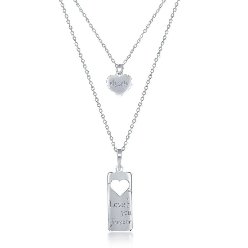 Ladies necklaces light luxury-Sterling Silver 2PC Tag Heart Necklace Set - 16+2 Inch  Love You Forever Tag & 14+2 Mom Heart