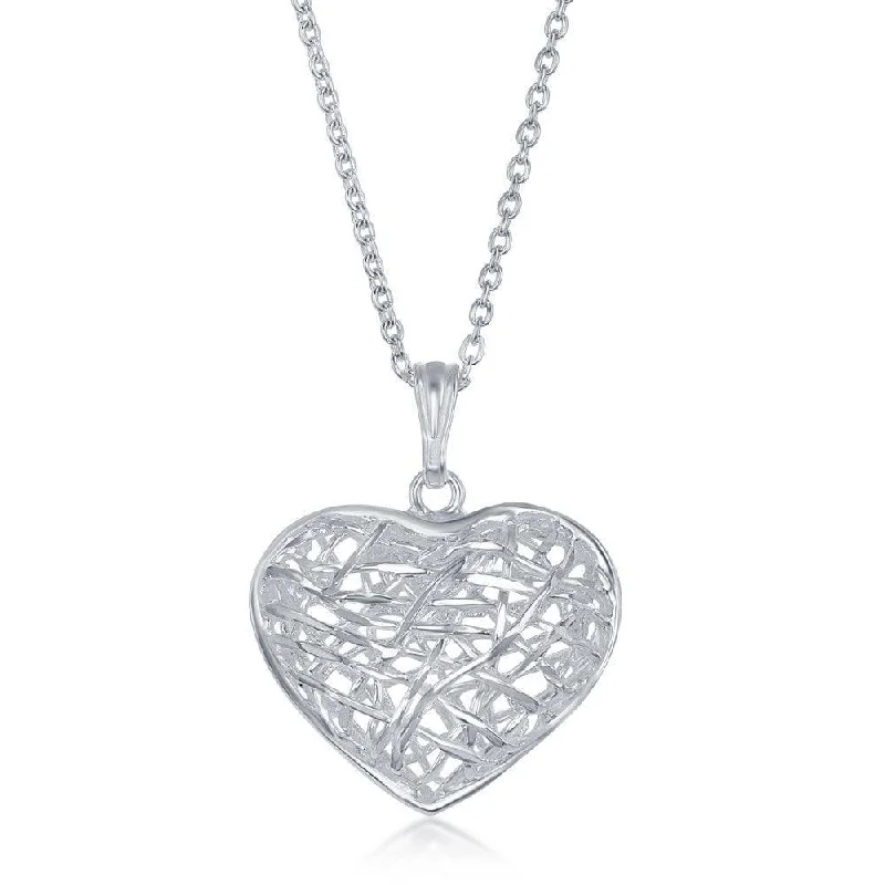 Ladies necklaces youthful designs-Sterling Silver 17 Inch Open Diamond Cut Heart Necklace