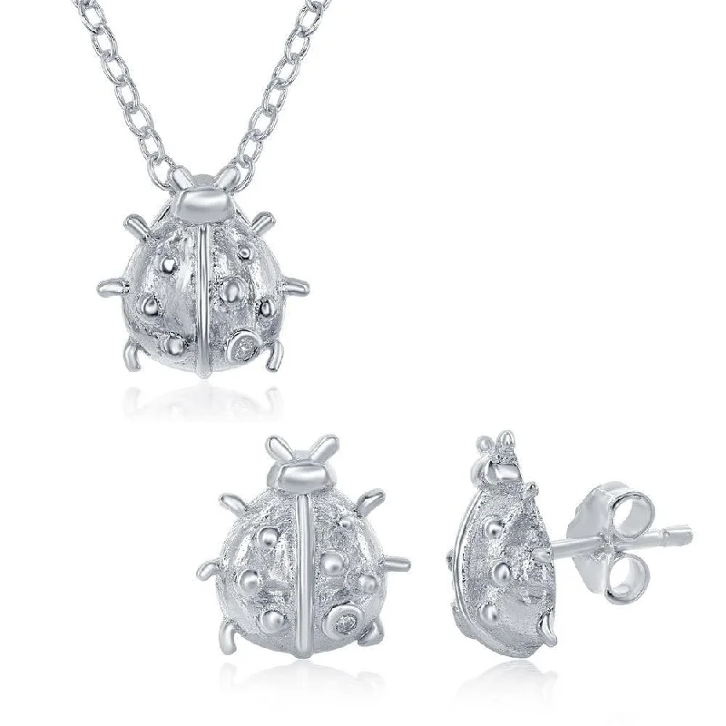 Ladies necklaces rose gold-Sterling Silver Small Lady Bug Necklace and Earrings Set