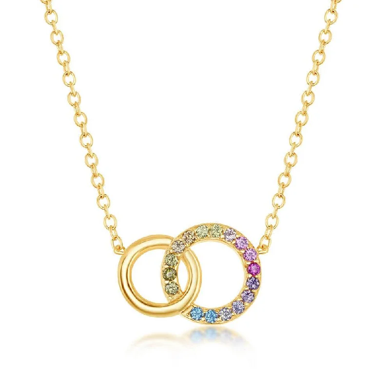 Ladies necklaces minimalist looks-Sterling Silver GP Rainbow CZ Double Linked Circle Necklace