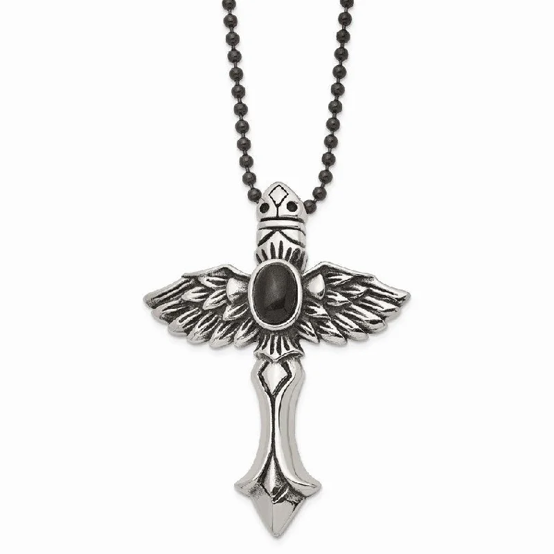 Ladies necklaces holiday gifts-Stainless Steel Antiqued Cross w/Wings & Black Stone 24in Necklace