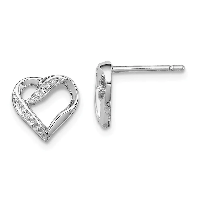 Ladies earrings punk flair-10mm Diamond Ribbon Heart Post Earrings in Sterling Silver