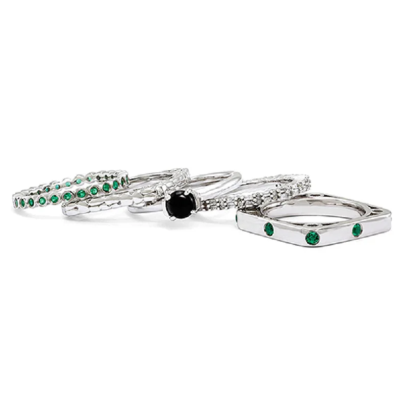 Ladies ring holiday gifts-Sterling Silver & Black Agate Stackable Five Ring Set